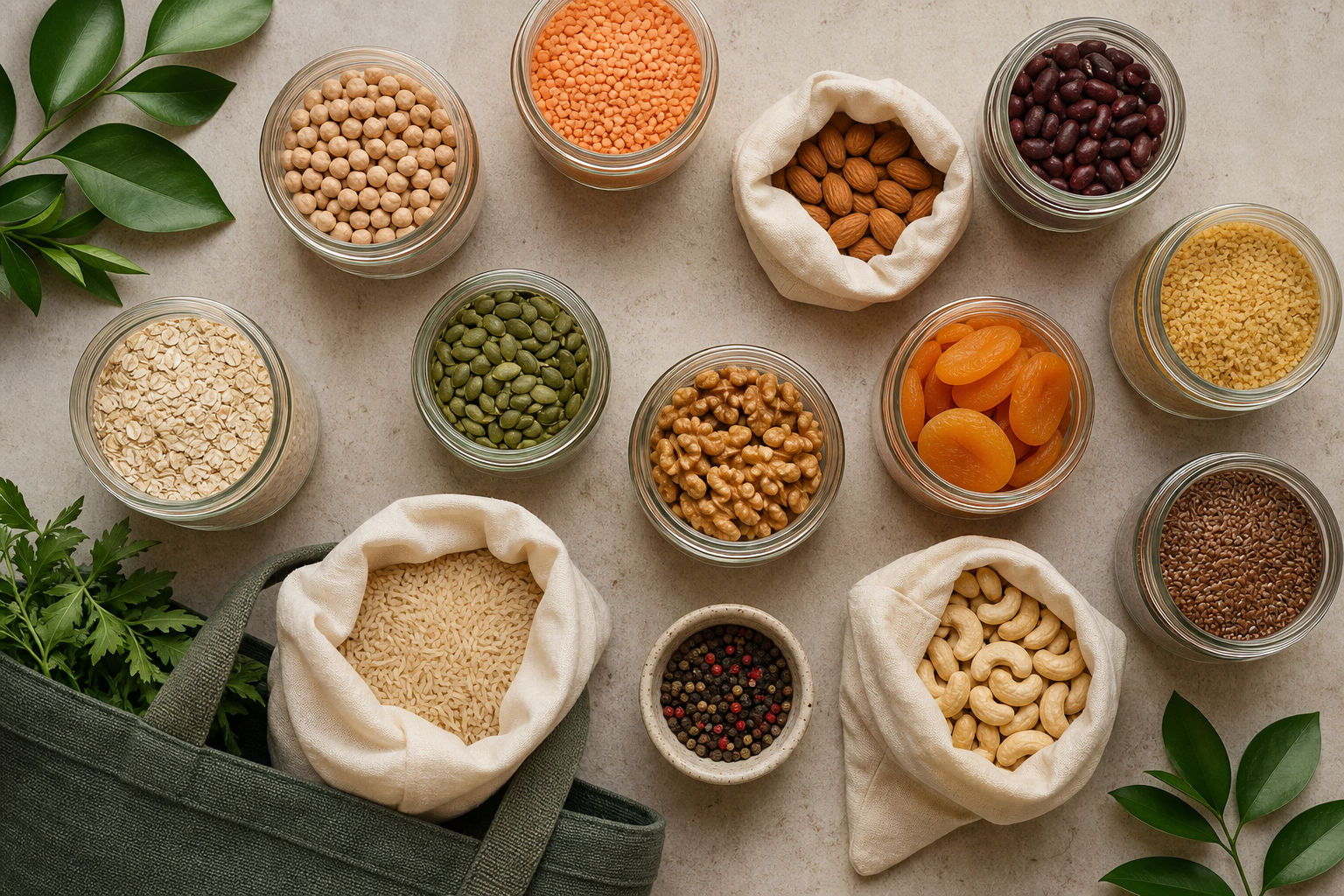 Selección de alimentos naturales y productos a granel